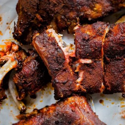 Tasty BBQ spiced pork ribs, punched potatoes and slaw