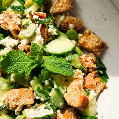 Broad bean panzanella with mozzarella
